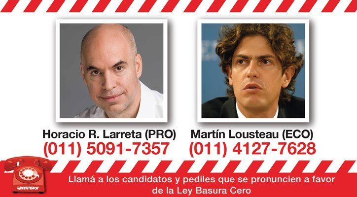 Greenpeace, Avina y la Fundación Ambiente y Recursos Naturales (Farn) exigieron a los candidatos a jefe de gobierno Horacio Rodríguez Larreta y Martín Lousteau que hagan pública su posición frente a este tema ya que deben comprometerse a cumplir la ley (