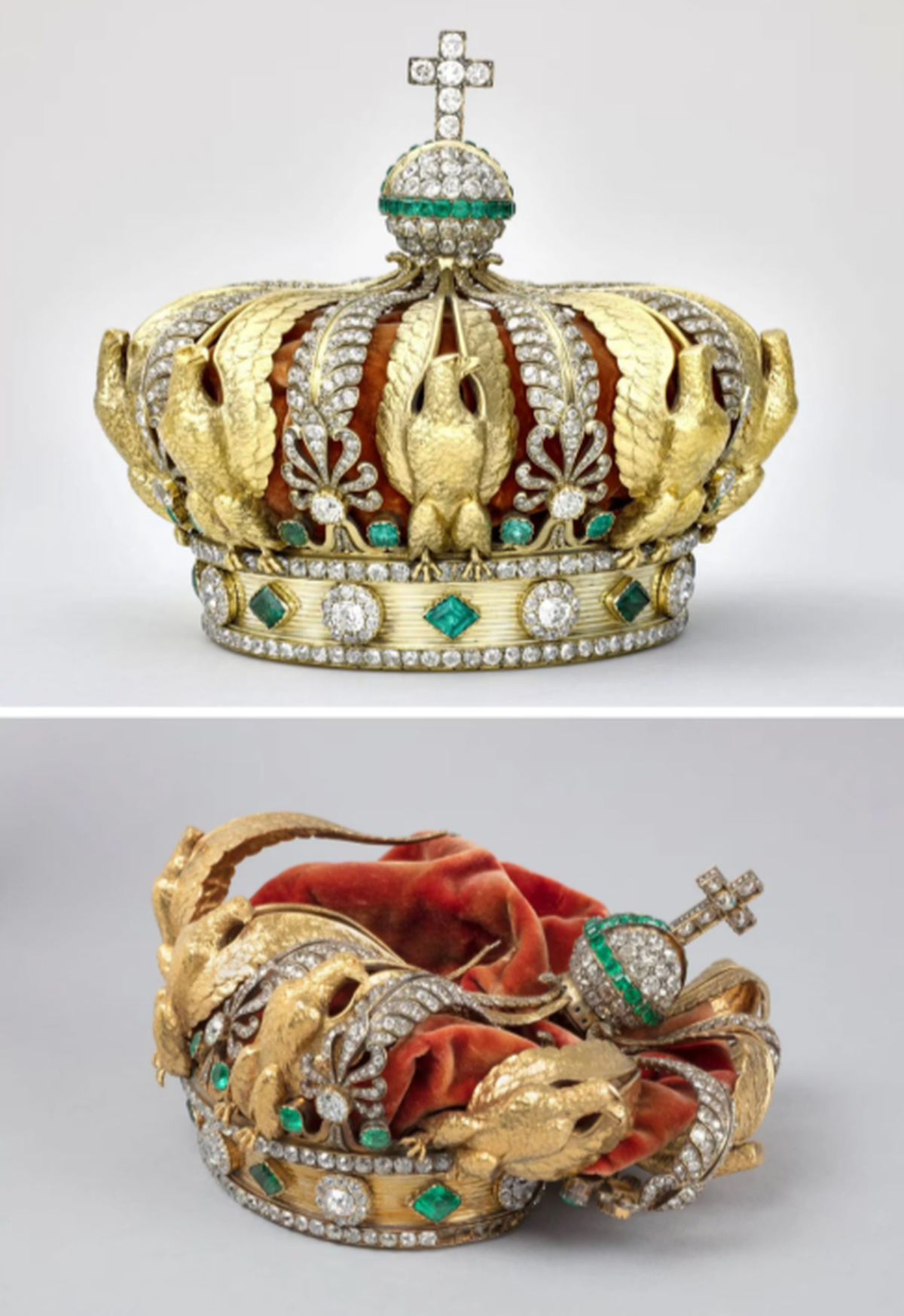 Antes y después de la corona de Eugenia: los daños sufridos durante el robo de 2025 y el estado actual previo a su restauración. Antes y después de la corona de Eugenia: los daños sufridos durante el robo de 2025 y el estado actual previo a su restauración. 