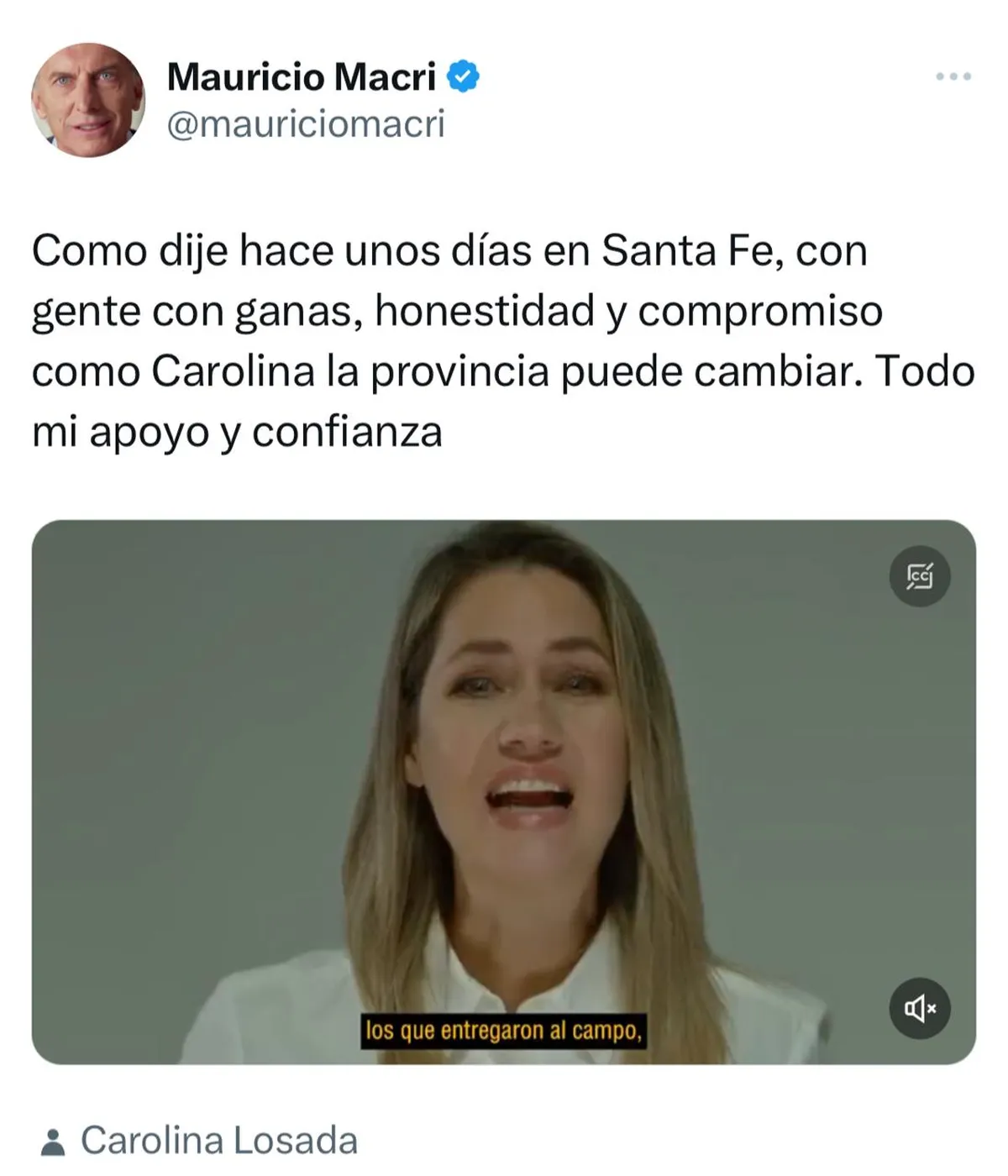 Mensaje de apoyo de Mauricio Macri a Carolina Losada Mensaje de apoyo de Mauricio Macri a Carolina Losada