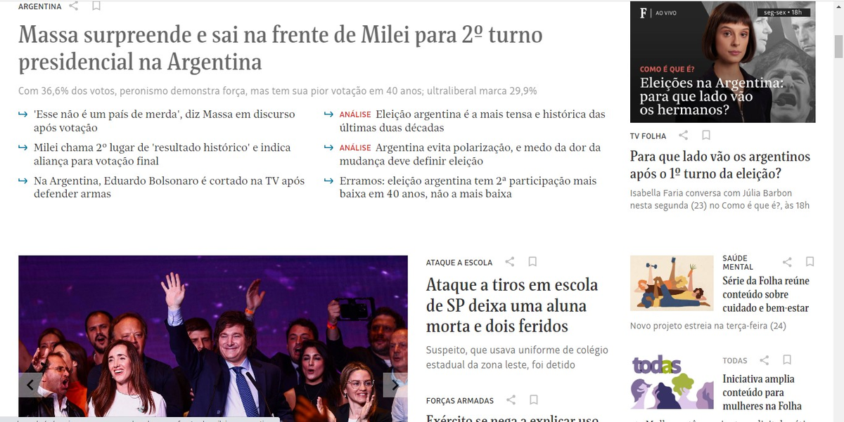 Folha de Sao Paulo dedicó gran parte de su portada a el resultado electoral de las elecciones de Argentina. Folha de Sao Paulo dedicó gran parte de su portada a el resultado electoral de las elecciones de Argentina.