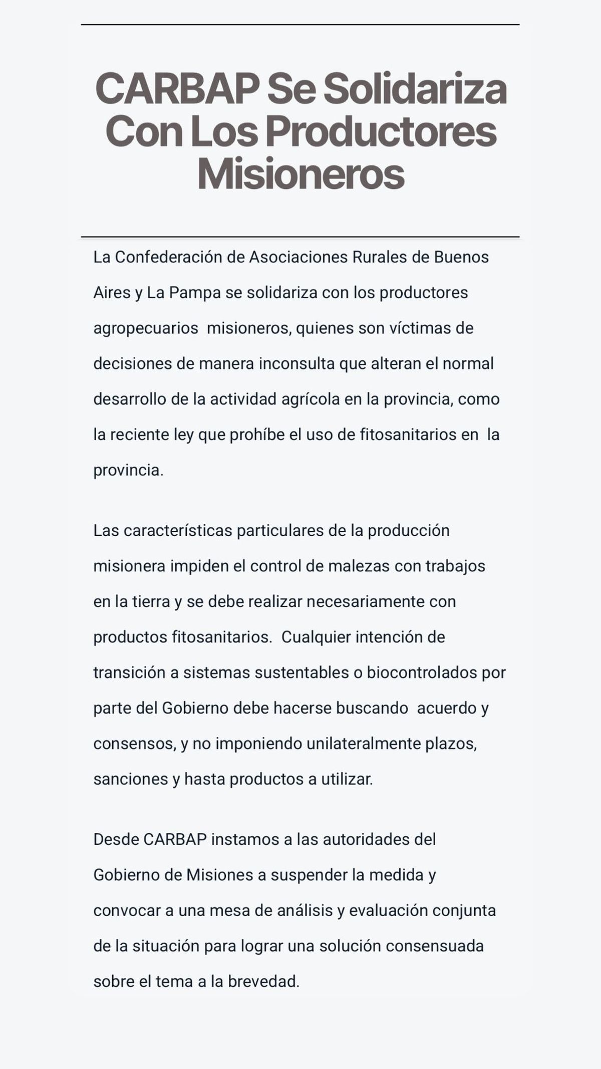Manifestación de apoyo de Carbap a los productores misioneros.