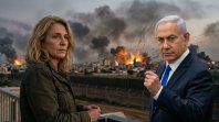 Chelli Goldenberg, actriz de Israel, y Benjamin Nertanyahu, el primer ministro, mientras detrás se bombardea la FRanja de Gaza