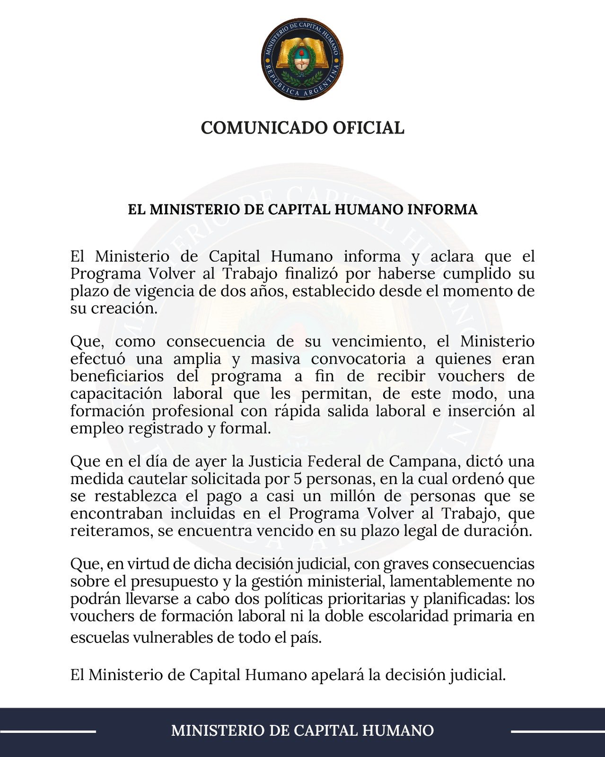 El comunicado oficial de Capital Humano, conducido por Sandra Petovello. El comunicado oficial de Capital Humano, conducido por Sandra Petovello. 