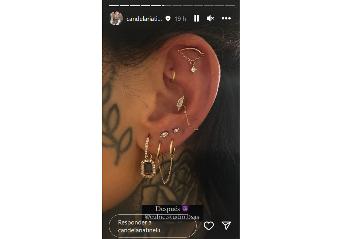 Cande Tinelli se hizo 7 aritos a la vez y lo compartió en redes. (Foto: Instagram @candelariatinelli) Cande Tinelli se hizo 7 aritos a la vez y lo compartió en redes. (Foto: Instagram @candelariatinelli)