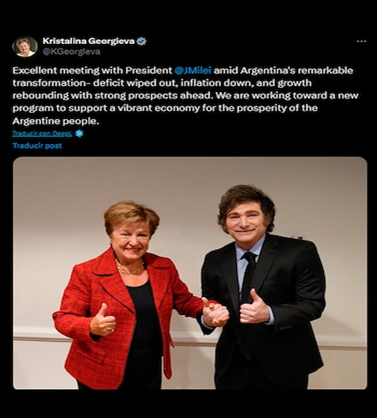 Tuit de Kirstalina Georgieva elogiando la gestión de Javier Milei Tuit de Kirstalina Georgieva elogiando la gestión de Javier Milei