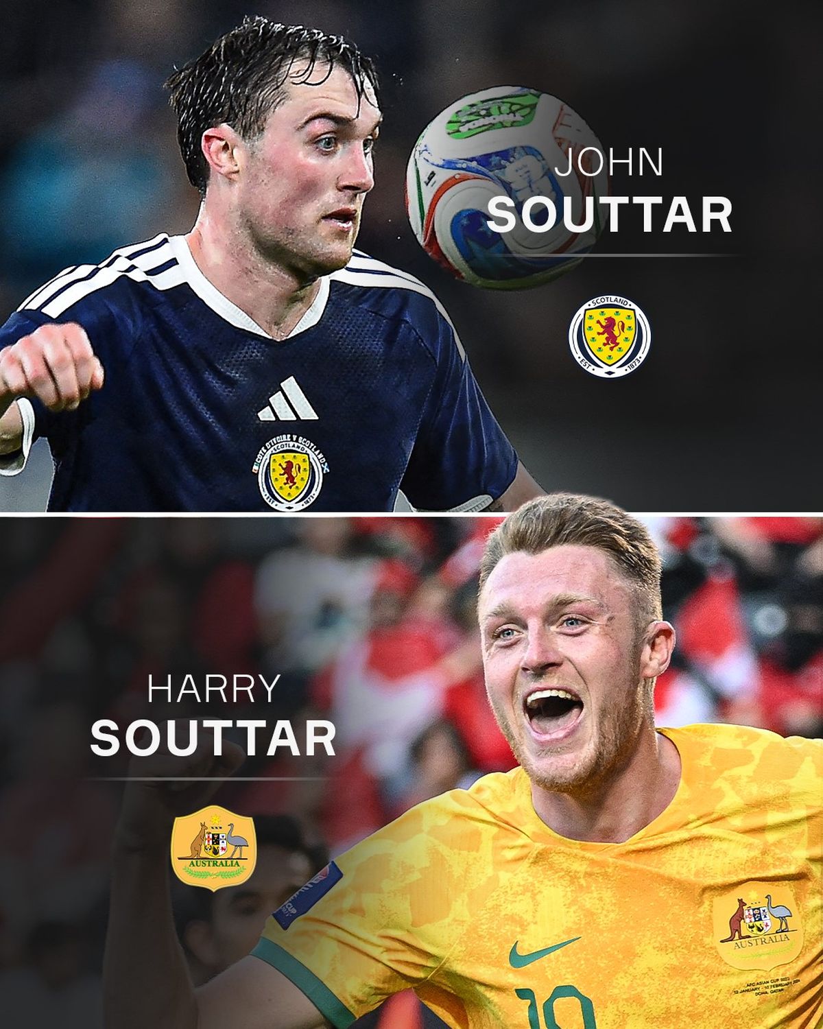 Los hermanos Souttar, uno jugará para Australia el otro para Escocia. Los hermanos Souttar, uno jugará para Australia el otro para Escocia.