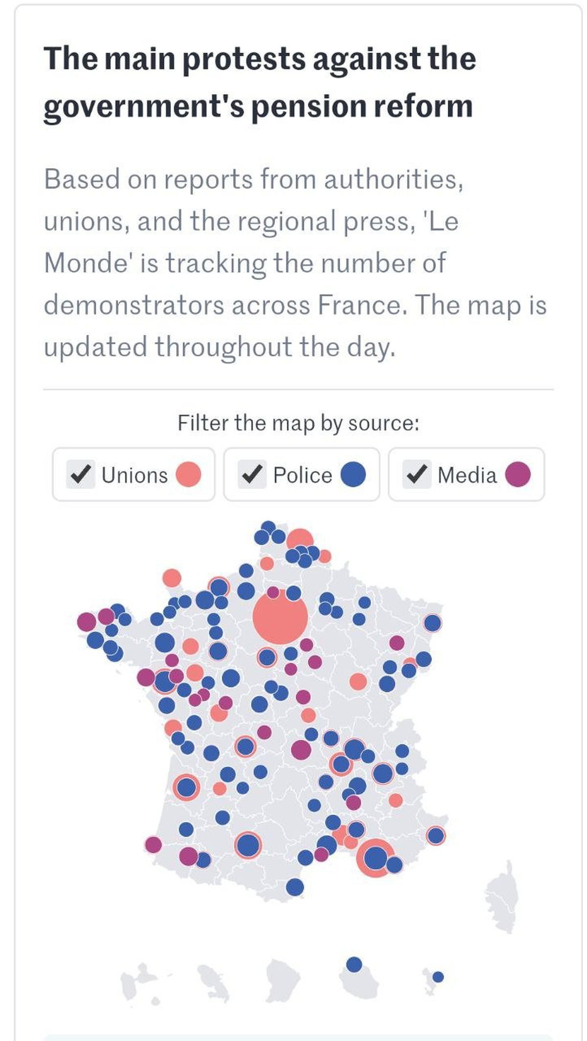 En rojo, focos de manifestaciones populares en Francia.