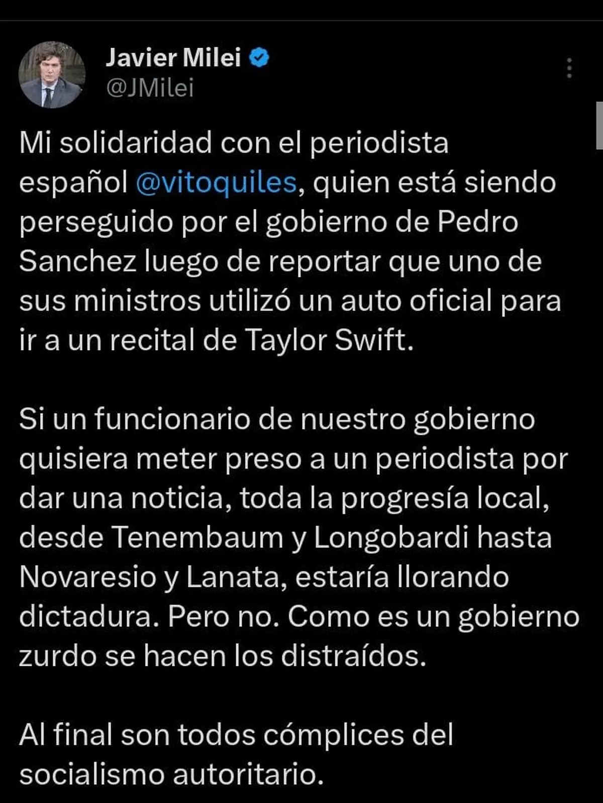 El posteo de Javier Milei en Twitter que volvió a tensar la relación con el gobierno de Pedro Sánchez. El posteo de Javier Milei en Twitter que volvió a tensar la relación con el gobierno de Pedro Sánchez. 