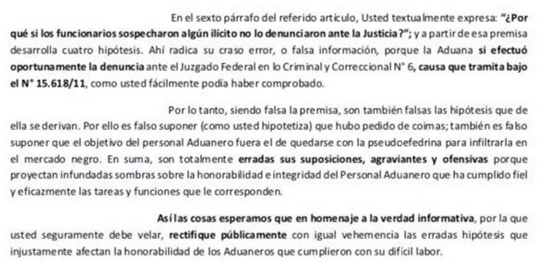 Fragmento de la carta de Carlos Sueiro a Hugo Alconada Mon.
