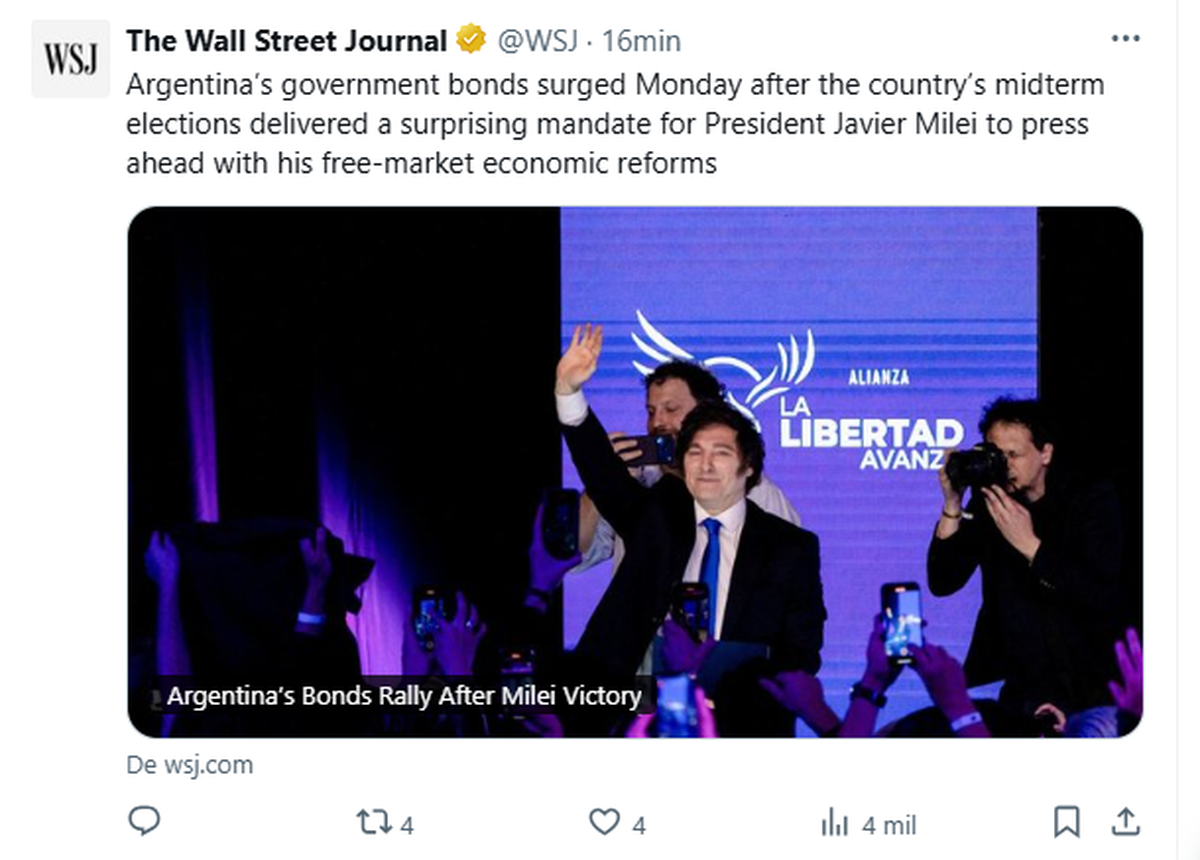 Javier Milei y su celebración por la victoria electoral en las legislativas 2025 según The Wall Street Journal. Javier Milei y su celebración por la victoria electoral en las legislativas 2025 según The Wall Street Journal.