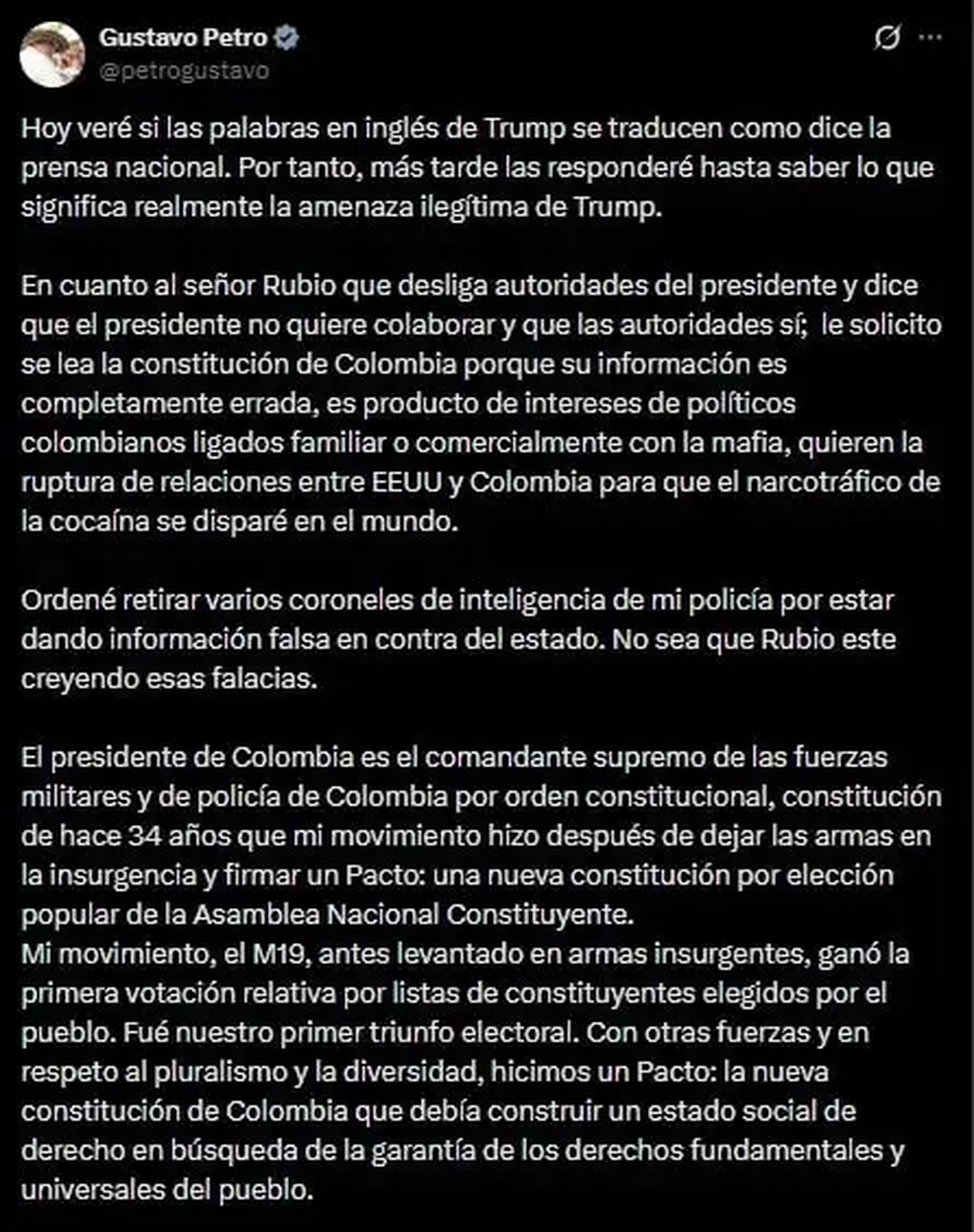 Fragmento del extenso posteo de Gustavo Petro en redes sociales acerca de la amenaza de Donald Trump de realizar una "misión" de USA a Colombia. Fragmento del extenso posteo de Gustavo Petro en redes sociales acerca de la amenaza de Donald Trump de realizar una "misión" de USA a Colombia.