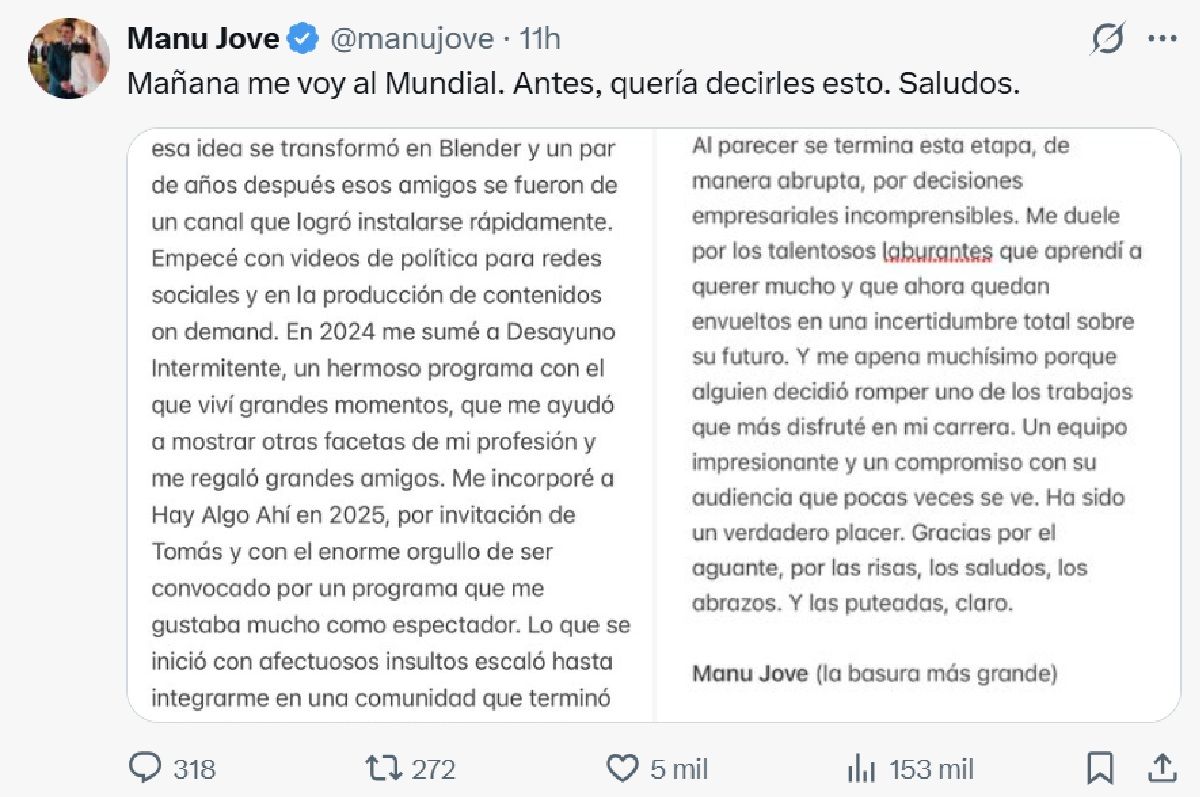 Manu Jove anunció su salida de Blender tras el inesperado despido de trabajadores. Manu Jove anunció su salida de Blender tras el inesperado despido de trabajadores.