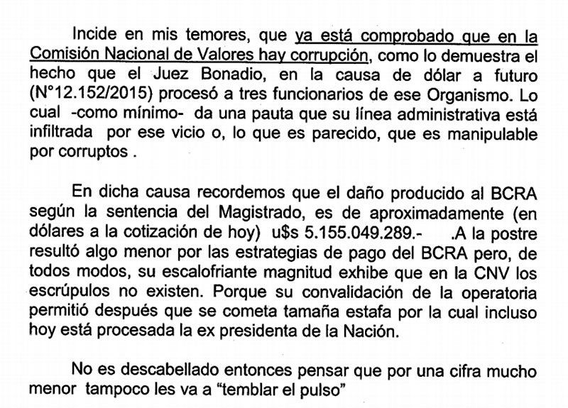 Grave denuncia de Consumidores Financieros Asociación Civil contra la Comisión Nacional de Valores.