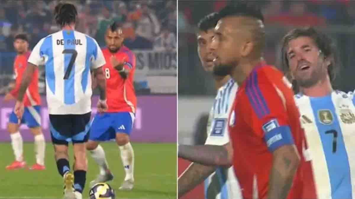 ArturoVidal realizó una doble provocación a Rodrigo De Paul durante la victoria deArgentina frente a Chile 0-1, hubo respuesta de los chilenos. (Foto: Captura deTV)