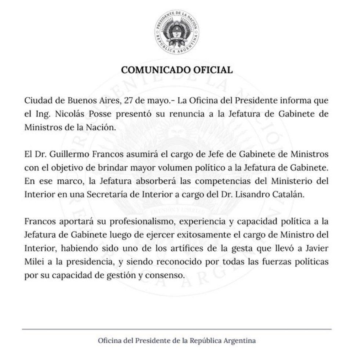 Lo que informó la 'Oficina del Presidente' Javier Milei. Lo que informó la 'Oficina del Presidente' Javier Milei.