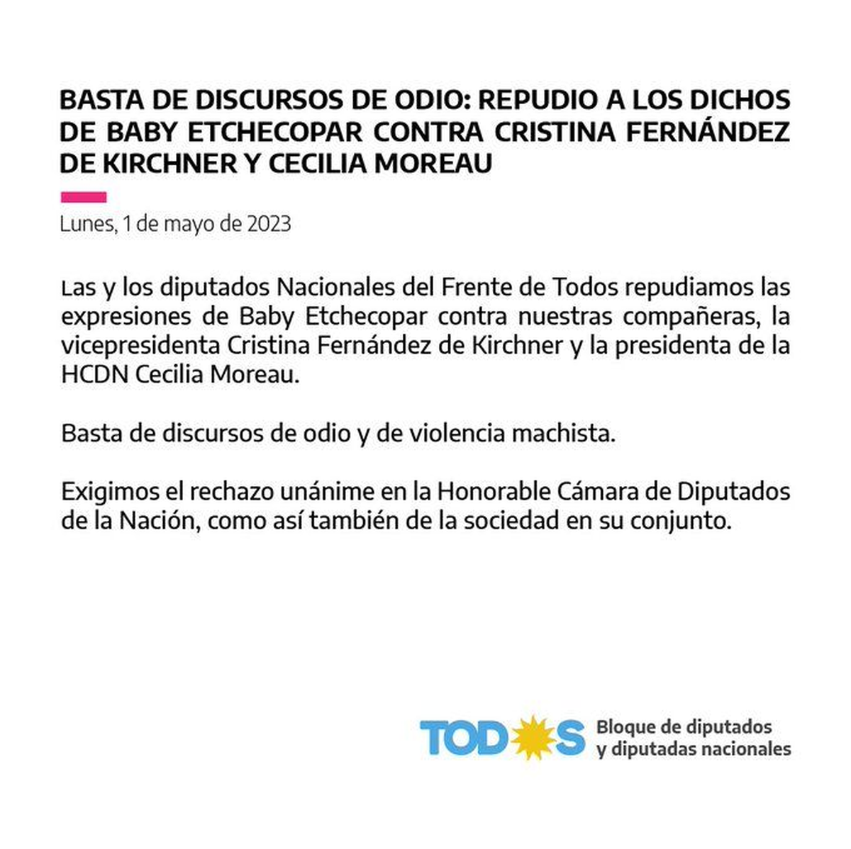 El comunicado del bloque del FdT. 