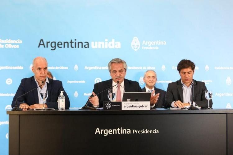 De izq. a der._ Horacio Rodríguez Larreta, Alberto Fernández y Axel Kicillof, en la Quinta de Olivos (08/05/2020).