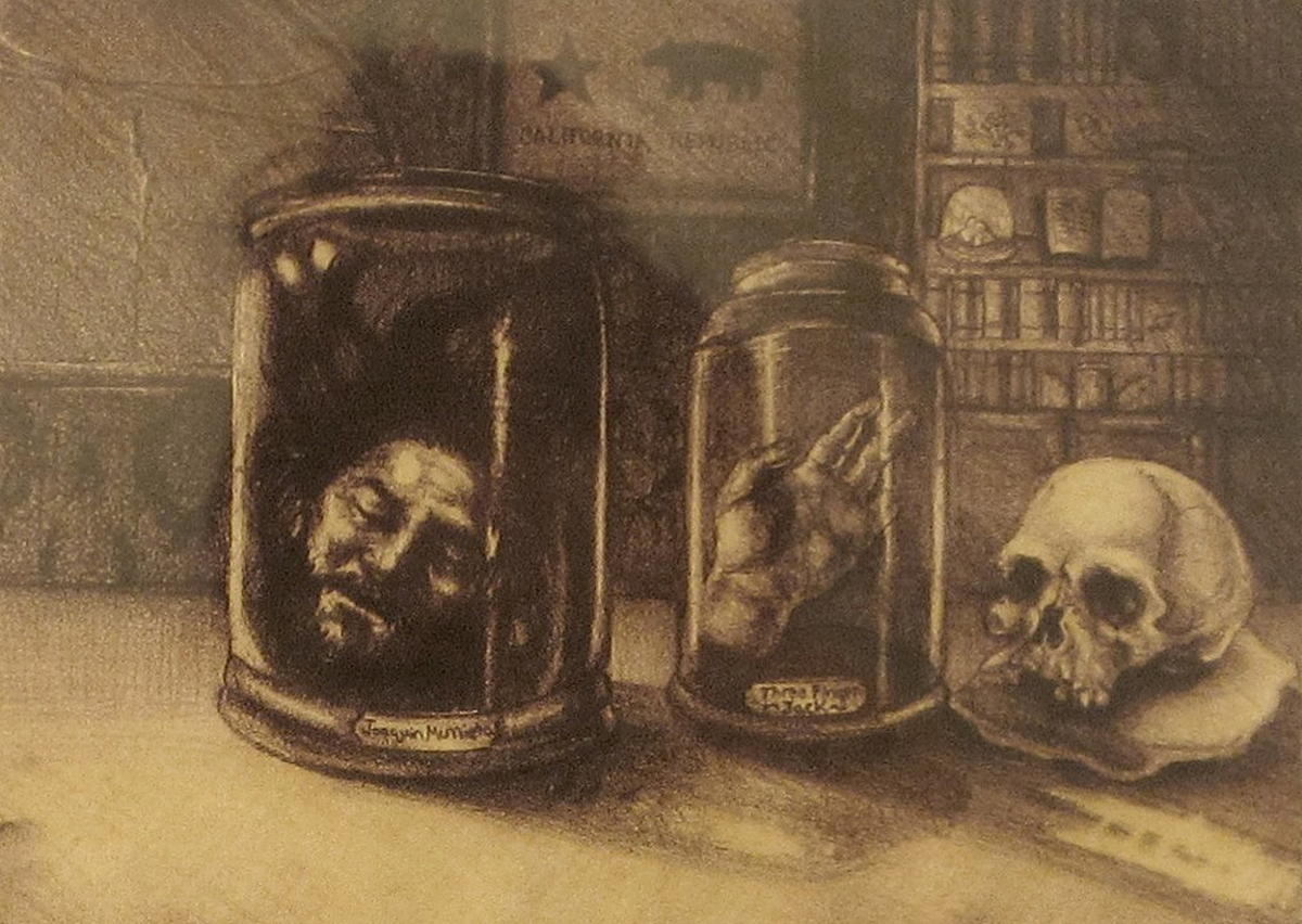 La cabeza de Murrieta y la mano de su compañero Jack Tres Dedos fueron conservadas en un frasco con alcohol después de ser asesinados por Harry Love y sus hombres. La cabeza de Murrieta y la mano de su compañero Jack Tres Dedos fueron conservadas en un frasco con alcohol después de ser asesinados por Harry Love y sus hombres.