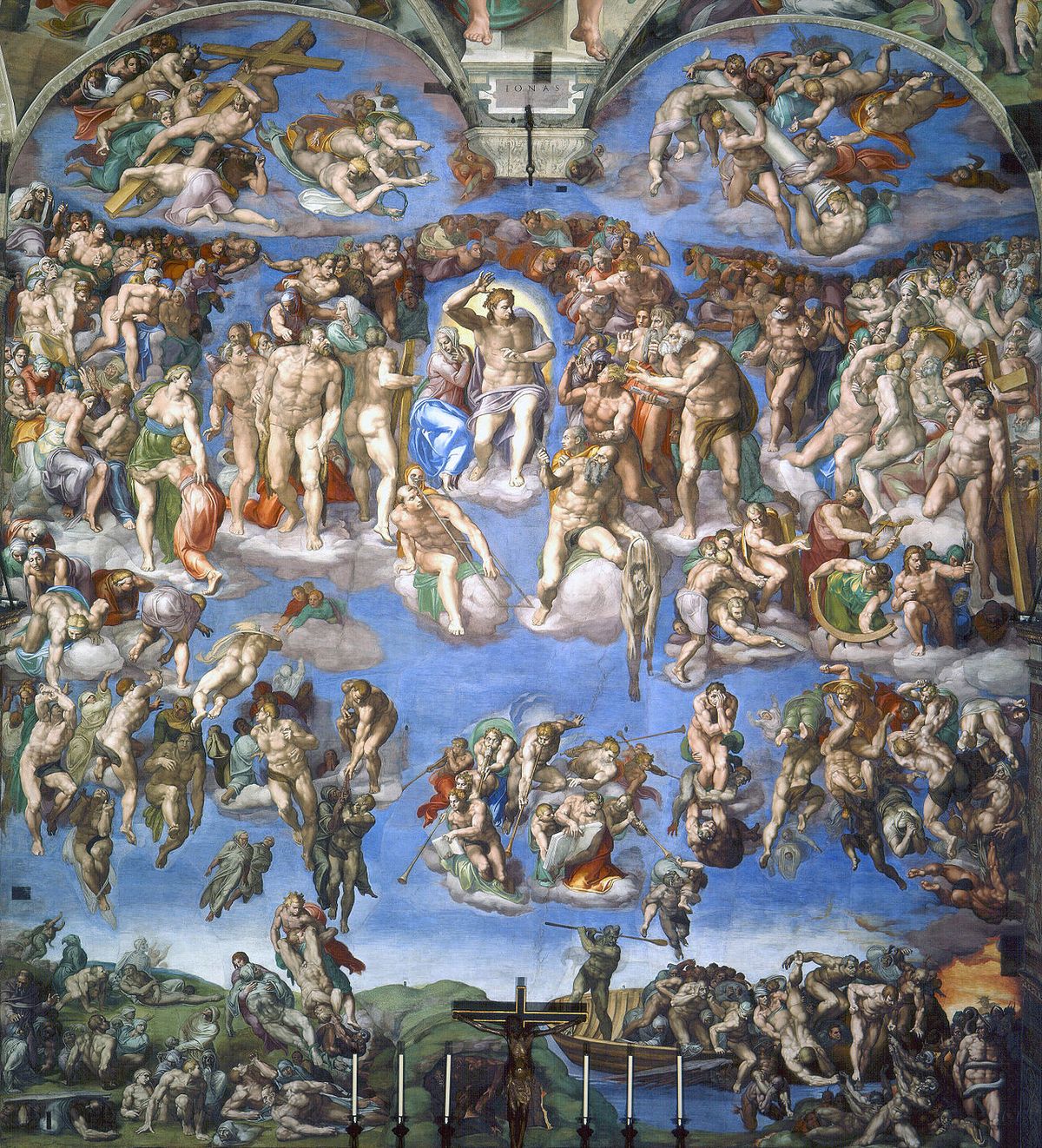 Miguel Ángel y uno de los frescos que pintó para la Basílica de San Pedro, en el Vaticano.