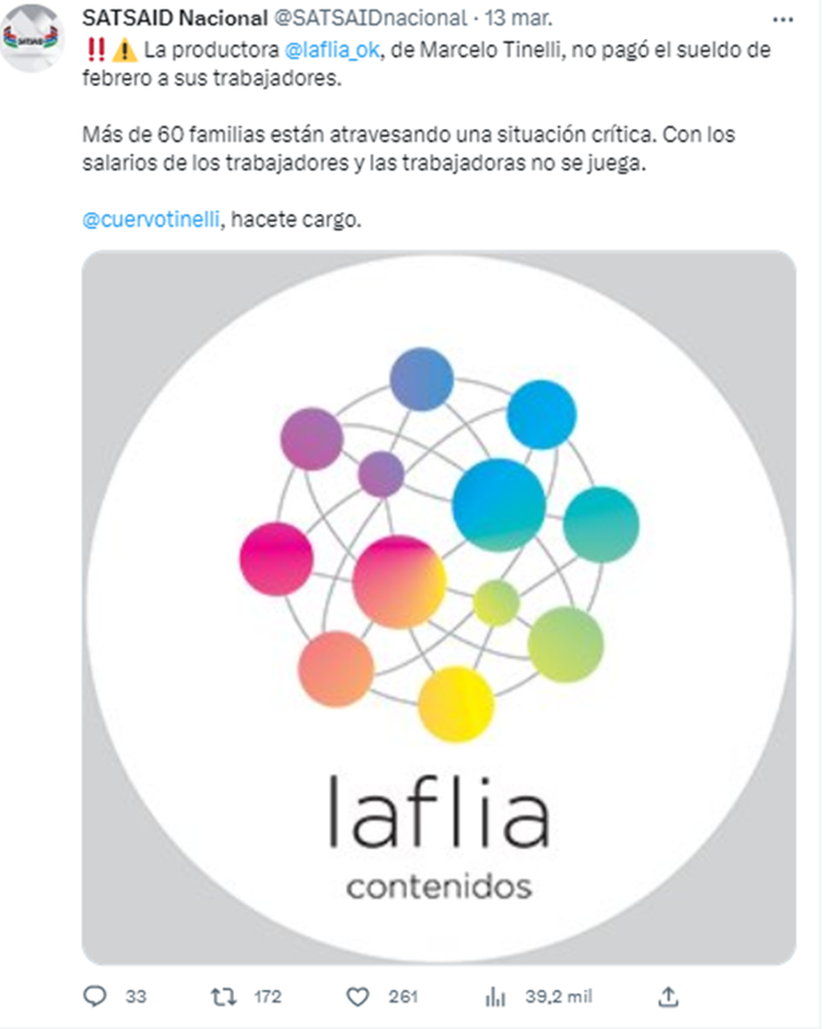 El sindicato se expresó a través de su cuenta de Twitter. 