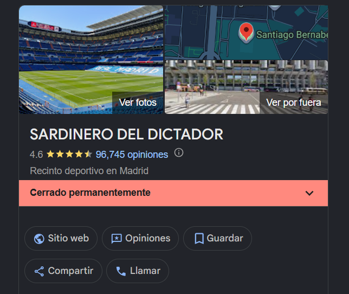 El Santiago Bernabéu volvió a aparecer alterado en Google Maps, ahora con la descripción “Sardinero del dictador”, otra burla viral al caos interno del Real Madrid y al peso de Mbappé en la crisis blanca. El Santiago Bernabéu volvió a aparecer alterado en Google Maps, ahora con la descripción “Sardinero del dictador”, otra burla viral al caos interno del Real Madrid y al peso de Mbappé en la crisis blanca.