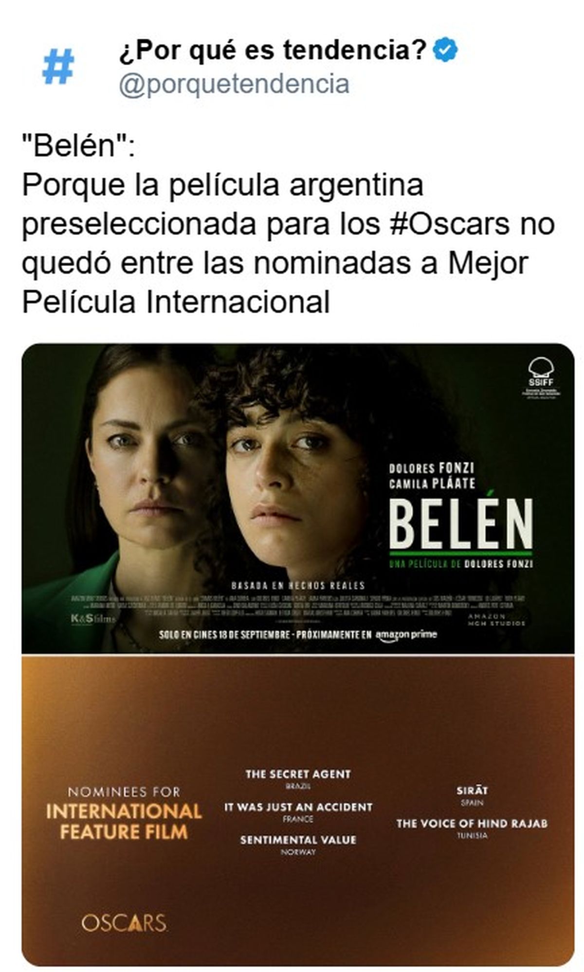 "Belén" logró quedar entre la lista corta de las 15 películas internacionales para los Oscars, pero no quedó en la lista final. La única latinoamericana que quedó fue "El agente secreto" de Brasil. "Belén" logró quedar entre la lista corta de las 15 películas internacionales para los Oscars, pero no quedó en la lista final. La única latinoamericana que quedó fue "El agente secreto" de Brasil.