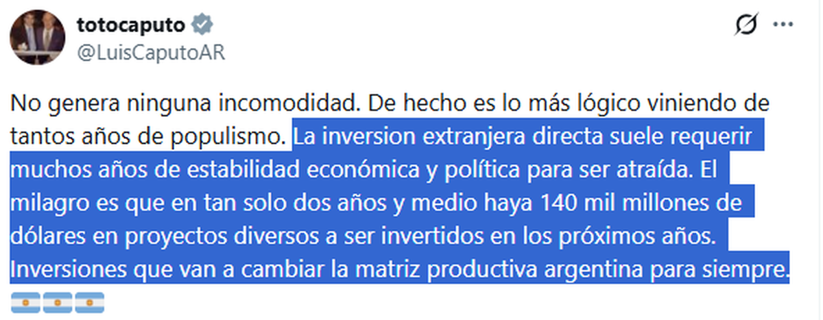 La explicación de Luis Caputo sobre el mal desempeño argentino en materia de inversión extranjera directa. La explicación de Luis Caputo sobre el mal desempeño argentino en materia de inversión extranjera directa.