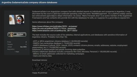 El foro en el que se publicó la filtración de SudamericaData. El foro en el que se publicó la filtración de SudamericaData.