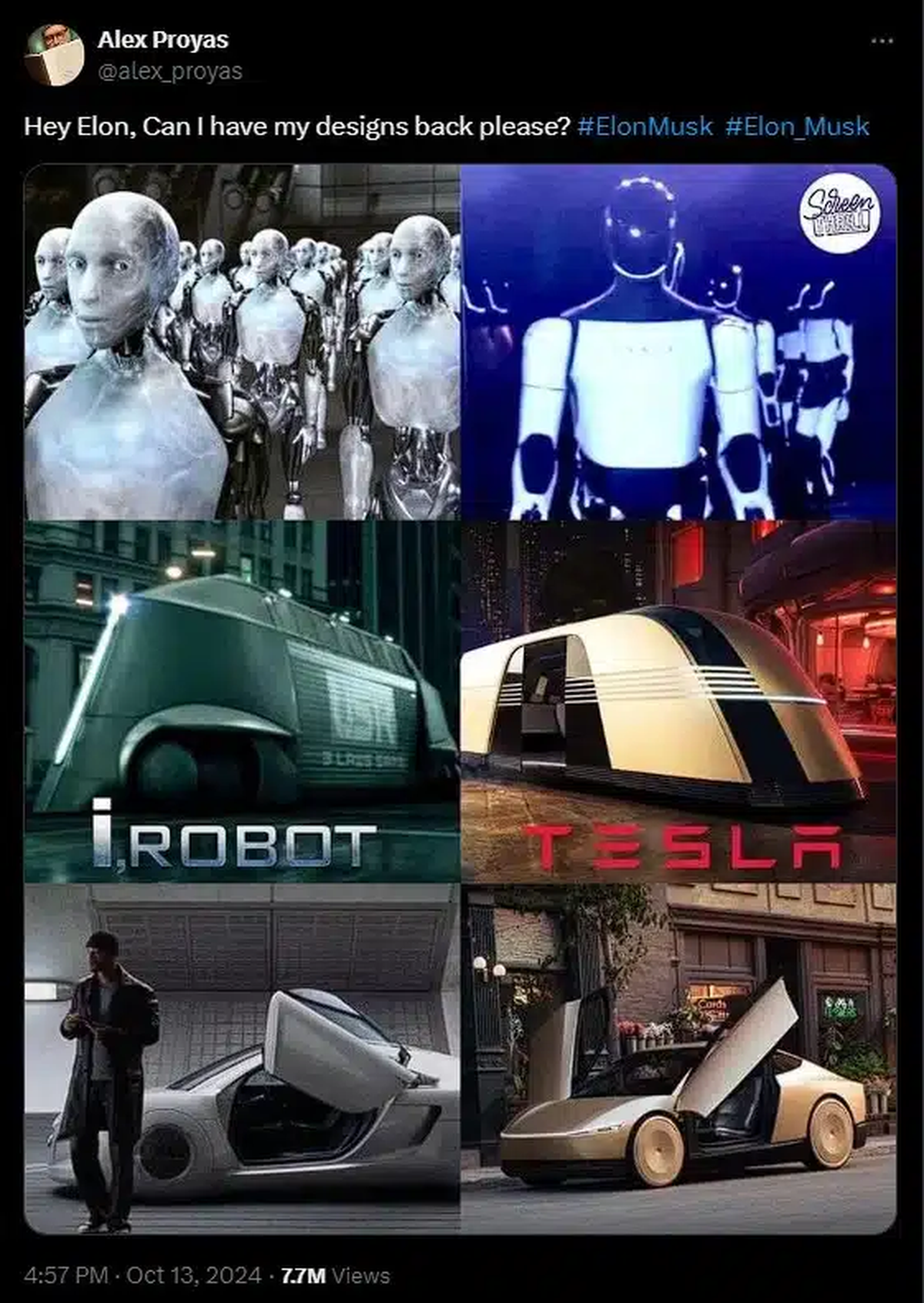 Esta similitud provocó que el director del film, Alex Proyas, lanzara una acusación directa contra el magnate: "Devuélvanme mis diseños", exclamó en un posteo que se volvió viral. Esta similitud provocó que el director del film, Alex Proyas, lanzara una acusación directa contra el magnate: "Devuélvanme mis diseños", exclamó en un posteo que se volvió viral.