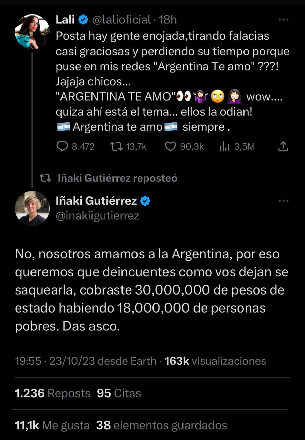 Iñaki Gutiérrez cruzó a Lali Espósito en redes. (Twitter). Iñaki Gutiérrez cruzó a Lali Espósito en redes. (Twitter).