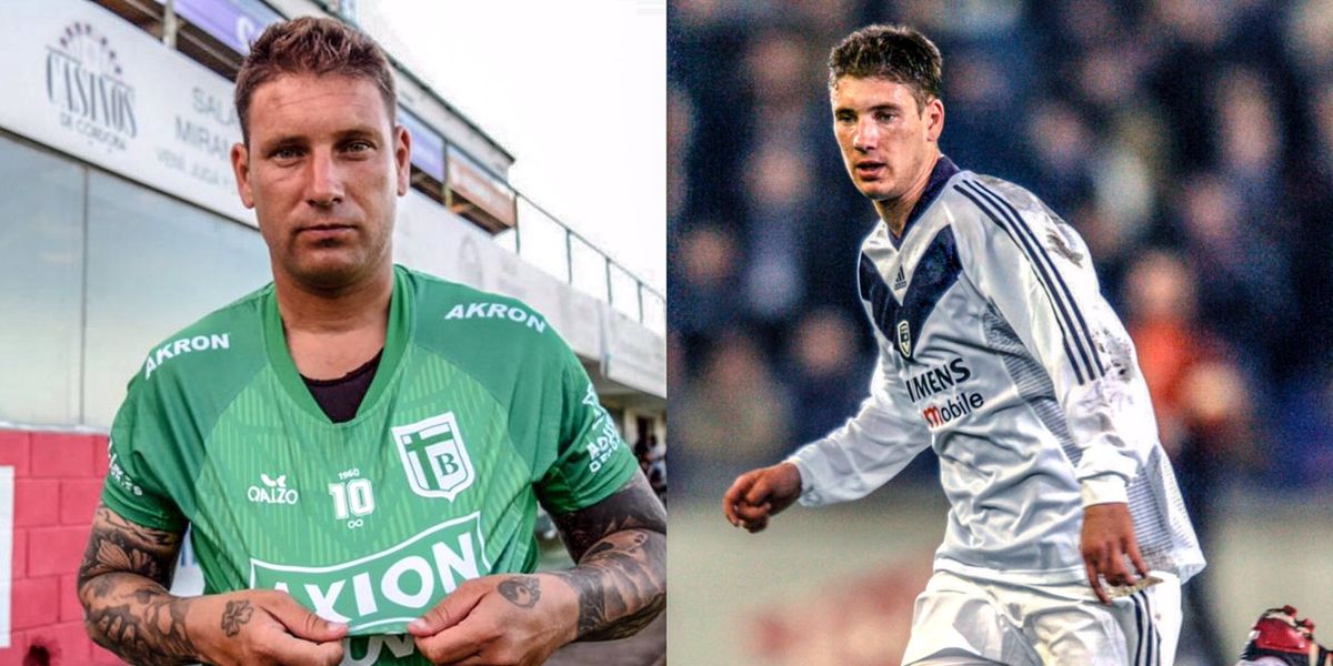 Juan Pablo Francia con la camiseta de Sportivo Belgrano a la derecha y con la del Girondins de Burdeos a la izquierda.
