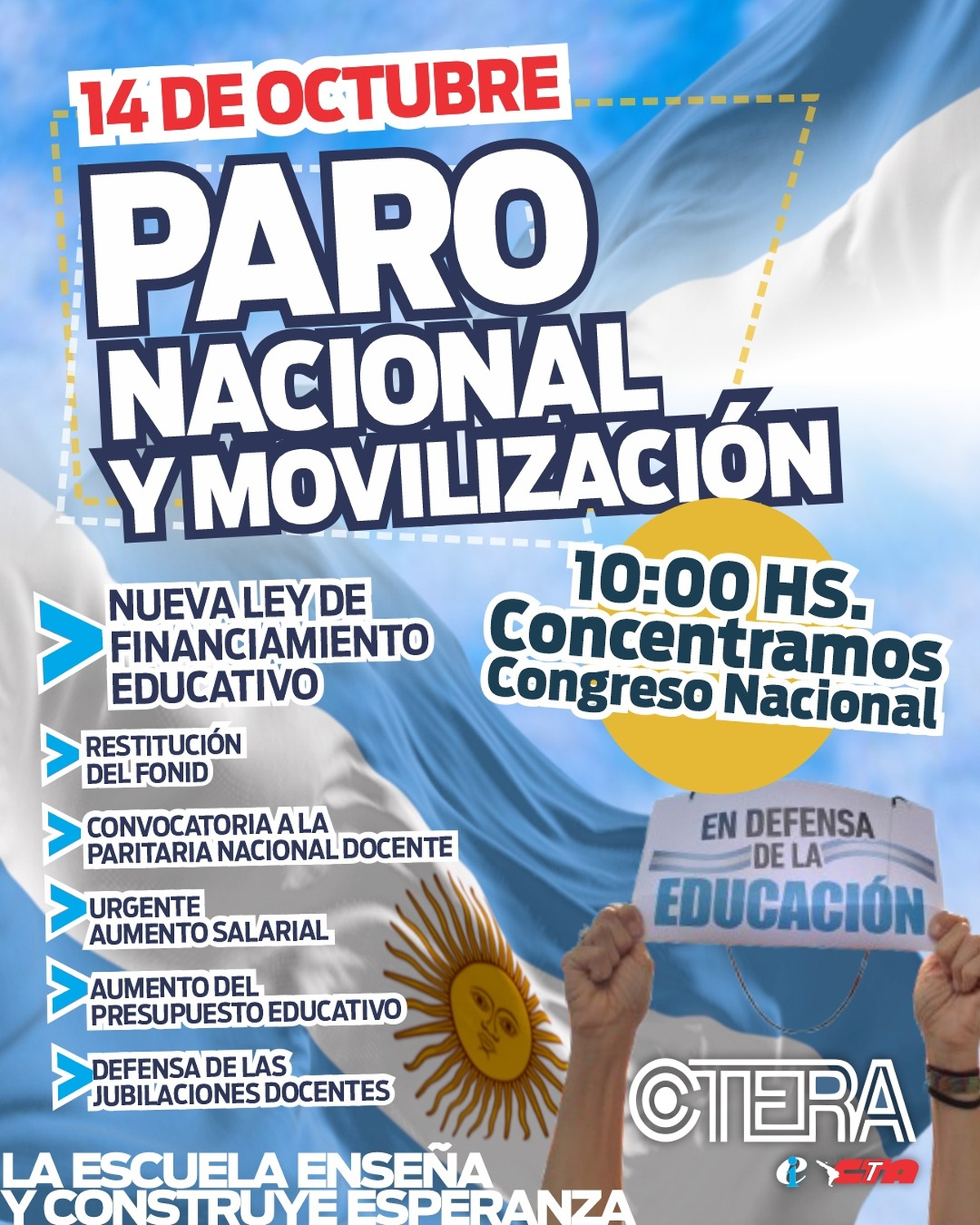 El paro nacional docente fue impulsado por CTERA, con el respaldo del Frente de Unidad Docente Bonaerense —integrado por AMET, FEB, SADOP, SUTEBA y UDOCBA. Y se sumó en las últimas horas del lunes la Federación Nacional de Docentes Universitarios (CONADU) y la Asociación Gremial Docente (AGD) de la Universidad de Buenos Aires (UBA). El paro nacional docente fue impulsado por CTERA, con el respaldo del Frente de Unidad Docente Bonaerense —integrado por AMET, FEB, SADOP, SUTEBA y UDOCBA. Y se sumó en las últimas horas del lunes la Federación Nacional de Docentes Universitarios (CONADU) y la Asociación Gremial Docente (AGD) de la Universidad de Buenos Aires (UBA).