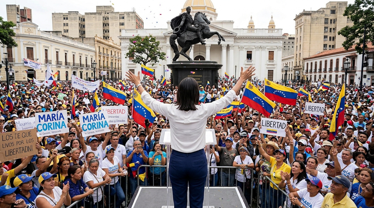 Imagen creada con IA de Gemini de María Corina Machado siendo recibida en Venezuela. Imagen creada con IA de Gemini de María Corina Machado siendo recibida en Venezuela.