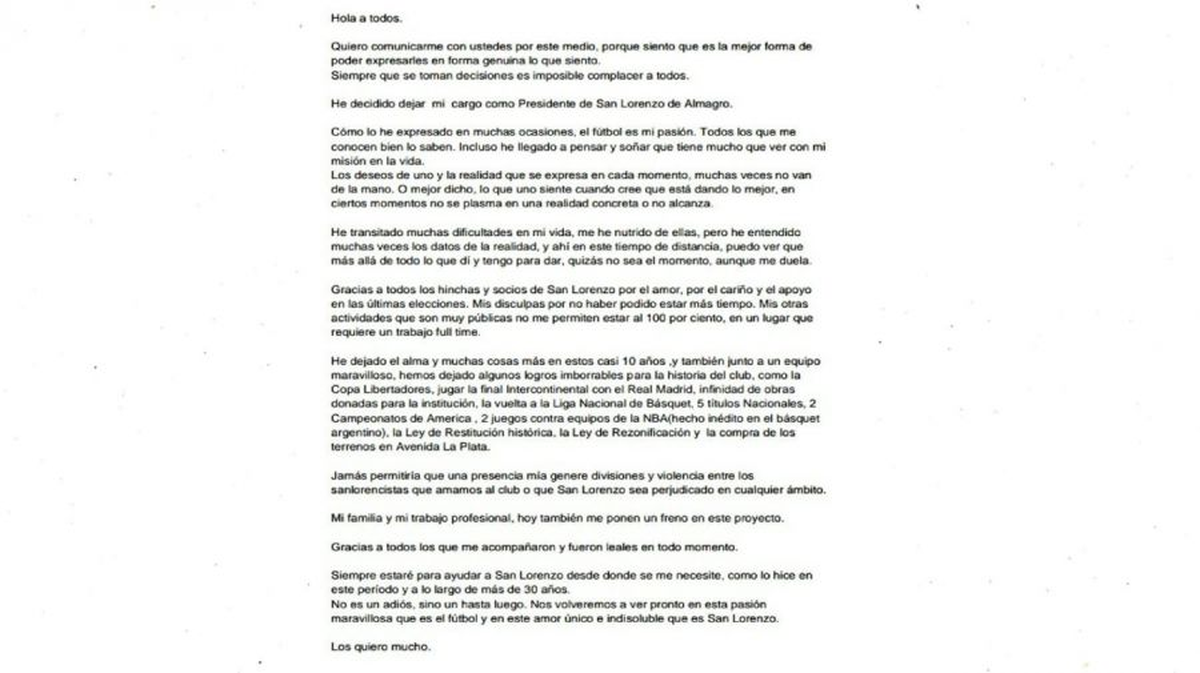 El comunicado de Marcelo Tinelli renunciando a San Lorenzo.