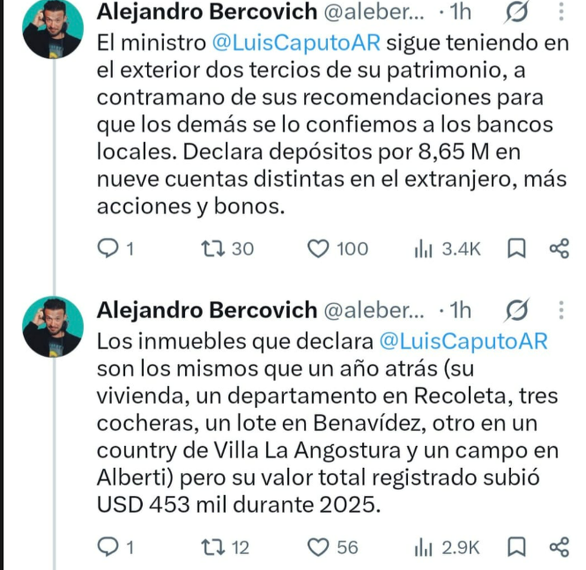 Posteo de Bercovich sobre el patrimonio de Luis Caputo. Fuente: X.
