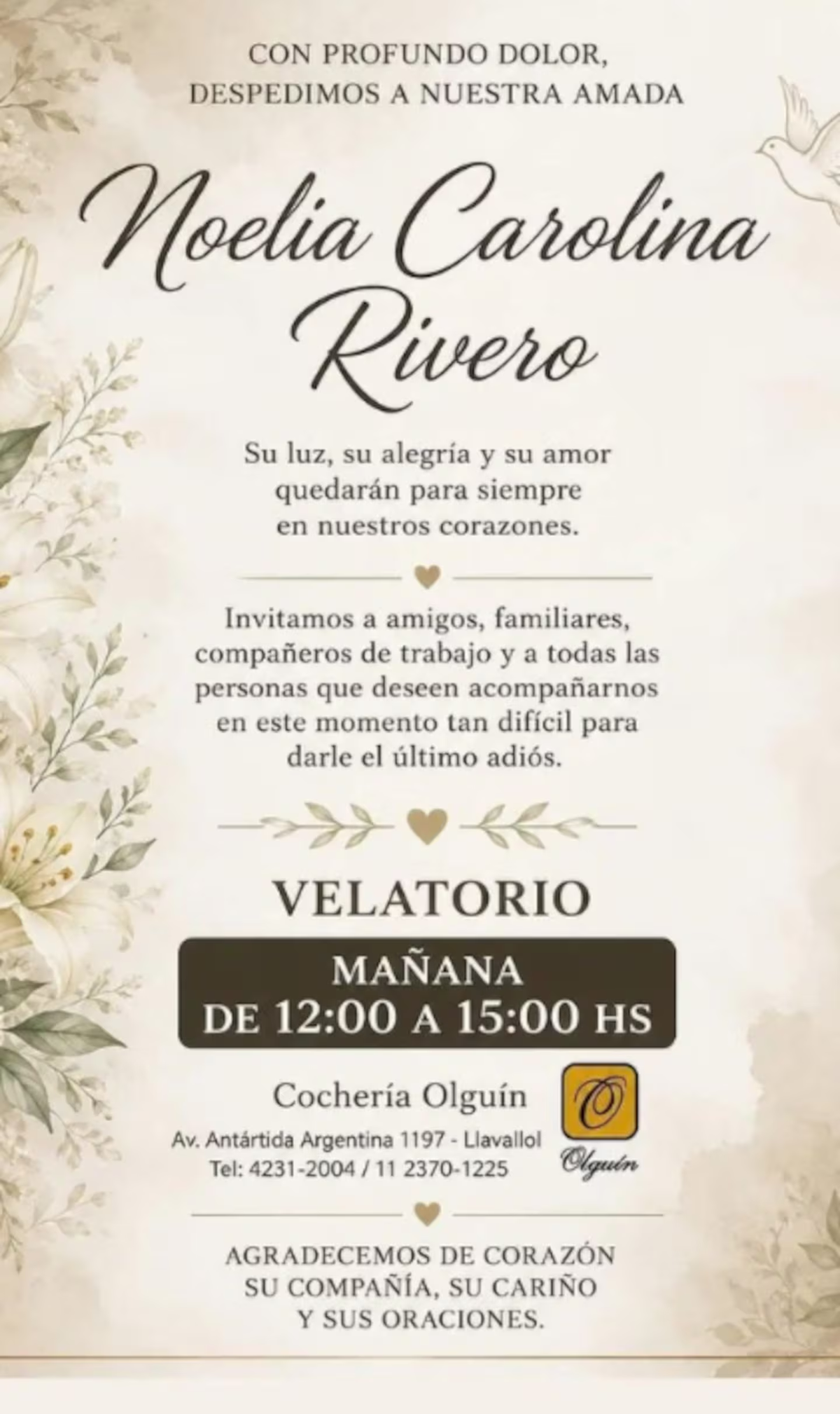 Así despidieron los familiares a Noelia Carolina Rivero. Así despidieron los familiares a Noelia Carolina Rivero.