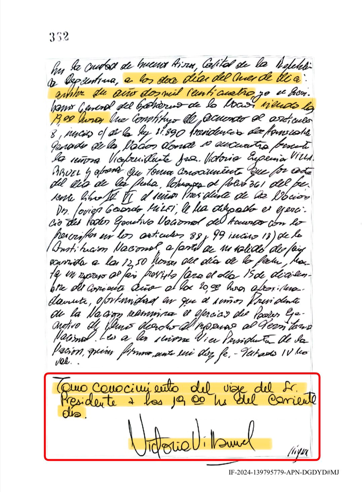 Acta notarial firmada de puño y letra por la vicepresidenta Victoria Villarruel