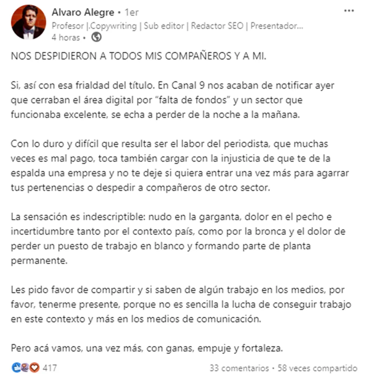 El posteo de Álvaro Alegre en LinkedIn. El posteo de Álvaro Alegre en LinkedIn.